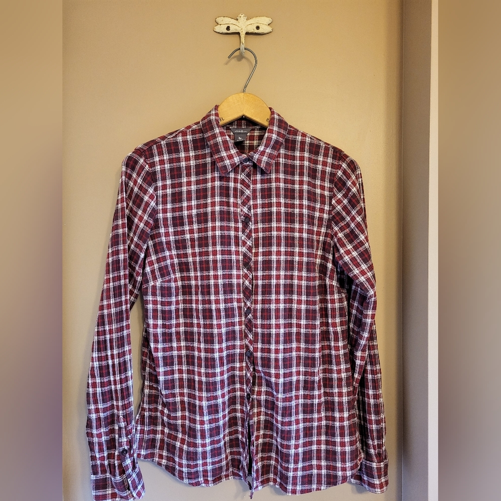 Eddie Bauer. Madras cotton long sleeve blouse. Brown/red. Wm S